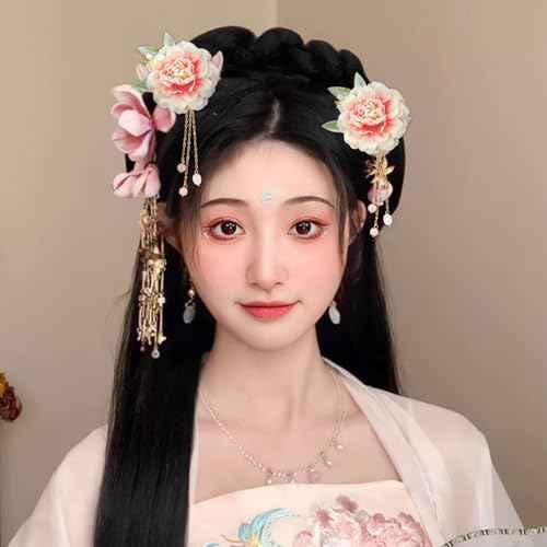 2 Pcs Flower Chinese Tassel Hair Stick Silk Artificial Blossom Hair Pins Japanese Hanfu Hair Chopsticks Retro Floral Crystal Pearl Wedding Headpiece Brides Hair Styling Accessories for Long Hair Women