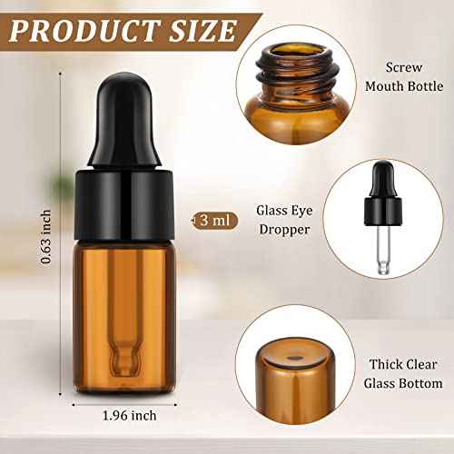 Nuogo 100 Pcs Amber Glass Mini Dropper Bottles Essential Oil Dropping Small Empty Sample Vial with Dropper and Black Caps Tiny Amber Glass Bottles Perfume Jars for Travel(3 ml)