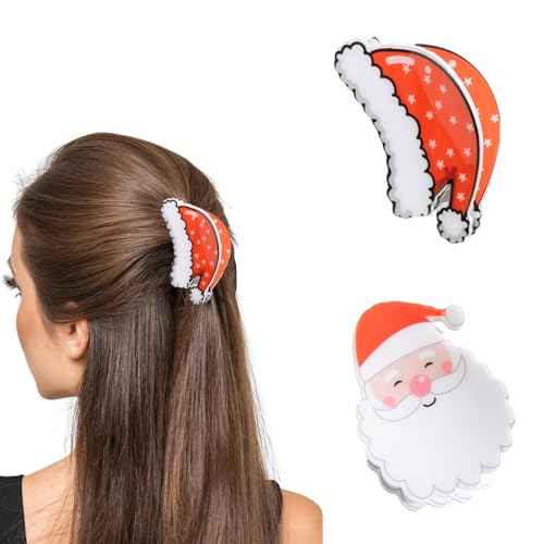 2 Pcs Christmas Hair Clips Cartoon Santa Claus & Red Santa Hat Hair Accessories Xmas Cosplay Party Theme Styling Hair Claw Clips for Girls Women