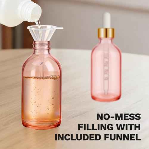 Bumobum 2 oz Dropper Bottle, Pink Glass Dropper Bottle with Measured Dropper & Golden Cap, Empty Eye Tincture Bottles with Funnel, Pipette & Labels for Essential Hair Oils Serums, 4 Pack