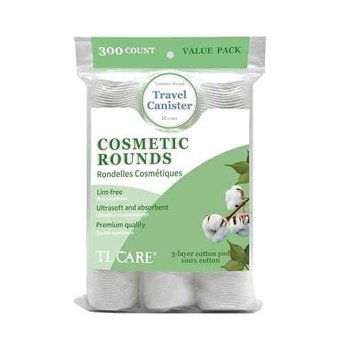 TL Care Cotton Rounds (300 Count) with Travel Canister - Lint-Free, Ultra Soft & Absorbent 3-Layer Cotton Pads for Face and Makeup Removal