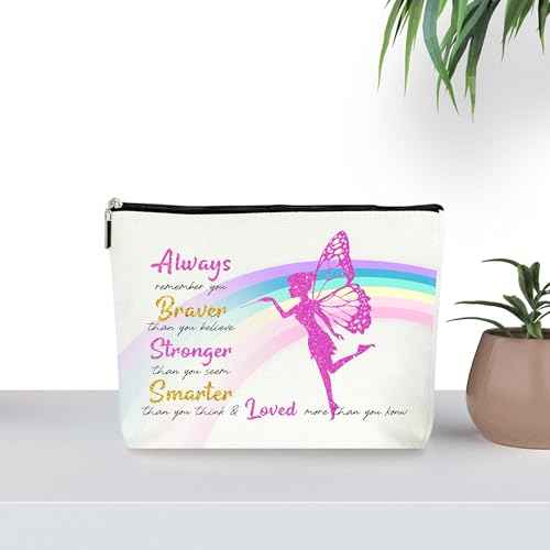 Always Remember You Are Braver Than You Think Cosmetic Makeup Bags, Inspirational Encouragement Motivational Gifts for Women, Fairy Rainbow Golden Zipper Pouch Bag for Women. (061)