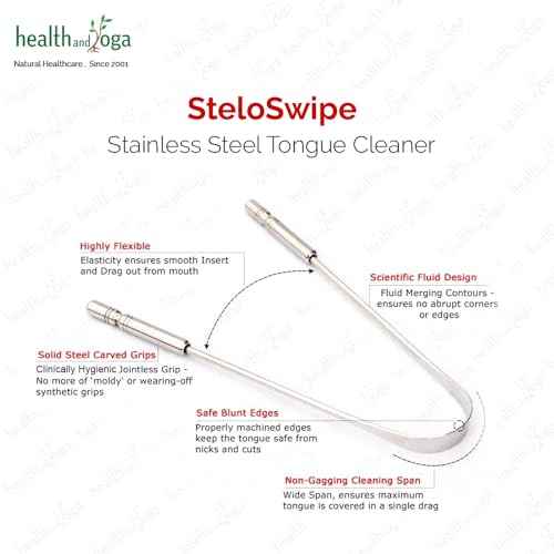 HealthAndYoga¢â Tongue Cleaner Scraper with Storage Bag - Hygienic, Surgical Grade, Non-Synthetic Grip ? Sterilizable Tongue Brush Cleaner (Surgical Steel - 1 Pack)