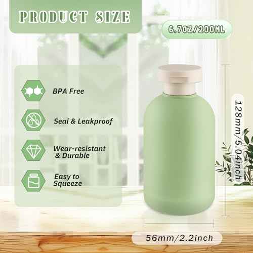 9 Pcs 6.8 oz Plastic Squeeze Bottles with Flip Cap,Empty Refillable Travel Shampoo Bottle Containers for Creams, Lotion,Body Wash, Conditioner,Silicone Funnel Included-Green
