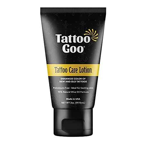 Tattoo Goo Tattoo Care Lotion, 2 oz, Soothes Itch & Irritation, Hydrate & Preserve Color, Non-Greasy Moisturizer, Aftercare Lotion with Olive Oil & Panthenol, No Petroleum or Mineral Oil