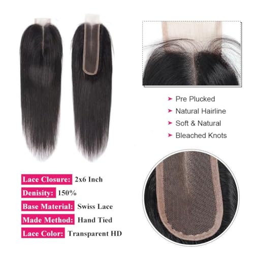 12A Straight Bundles with 2x6 Closure Human Hair 16 18 20 with 14 Inch 100% Unprocessed Brazilian Virgin Human Hair Weave Bundles with 2x6 HD Lace Closure