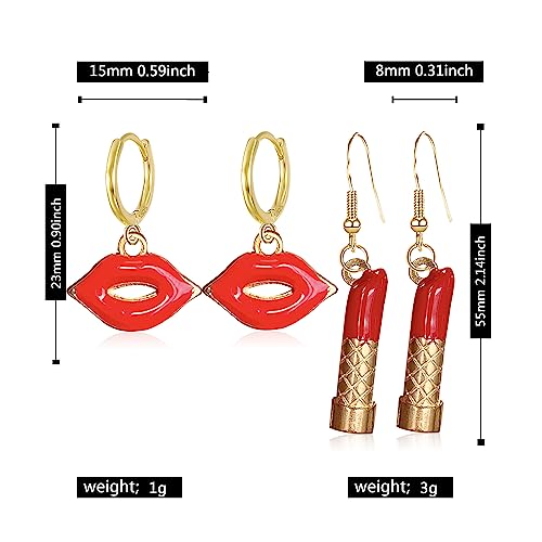 GBAHFY 4 Pairs Sexy Red Pink Lips Lipstick Alloy Dangle Earrings Fashion Long Lipstick Drop Earrings for Woman Set