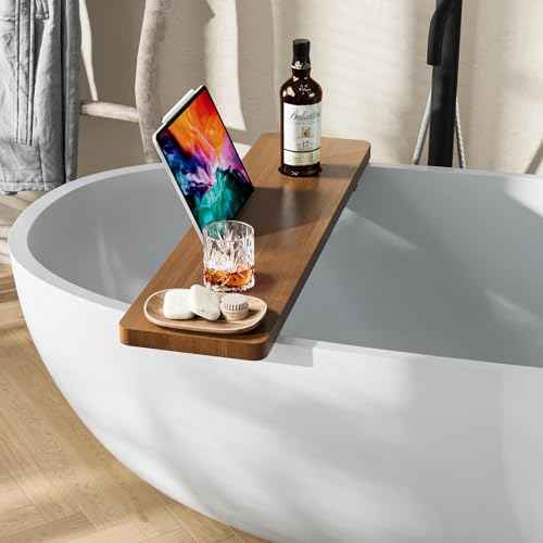 Premium 1.2IN Thickened African Solid Teak Bathtub Tray, 35¡± Waterproof Bath Caddy with Adjustable Legs, Bathtub Accessories, Fits Most Bath Tubs