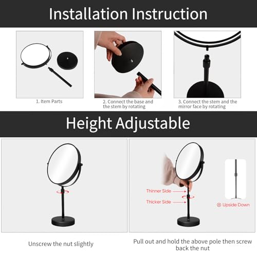 Nicesail Higher Taller Tabletop Makeup Mirror of 8 Inch, 5X Magnified Makeup Mirror Countertop Standing, Height Adjustable, Double Sided Mirror in Matte Black (8 Inch, 5X)¡¦