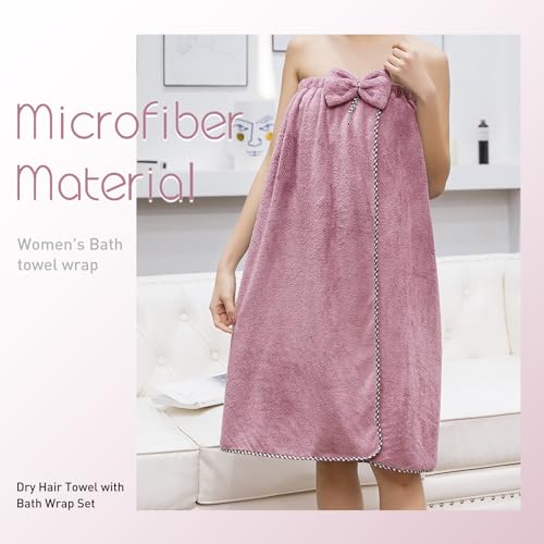 Women Microfiber Bath Towel Wrap - Adjustable Soft Body Wraps Dress with Hair Towel for Shower After Body and Head Cover, Super Absorbent to Quick Drying Hair and Body, Purple