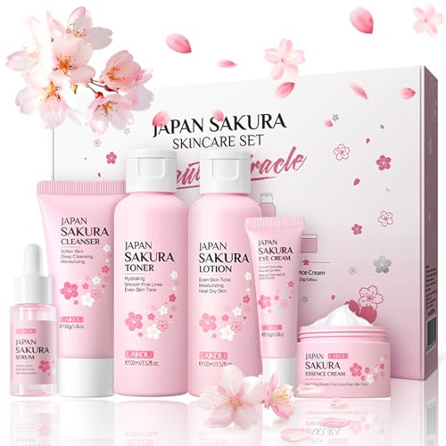 6 Pcs Skin Care Sets JAPAN SAKURA Women Beauty Gift Sets Sakura Skin Care Kit with Cleanser, Toner, Serum, Eye Cream, Lotion, Essence Cream Travel Kit for Women Teen Girls