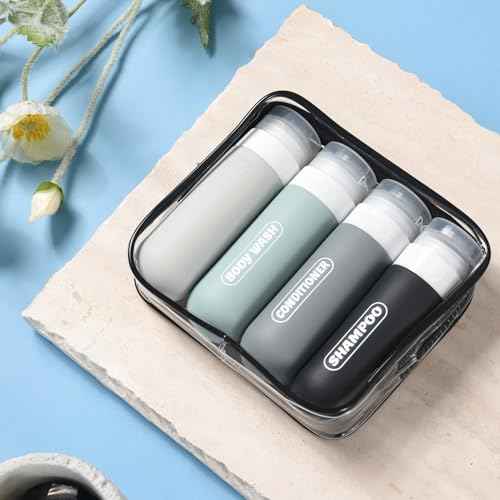 Silicone Travel Bottles for Toiletries with Labels, 3oz TSA Approved Squeezable Travel Size Containers, Leak Proof Travel Shampoo and Conditioner Bottles with Toiletry Bag (4 Pack, Dark Color)