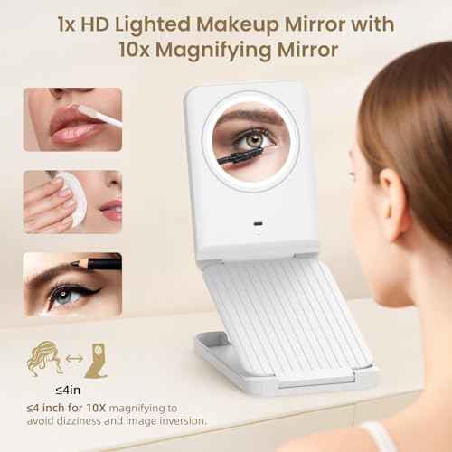 Travel Makeup Mirror with Lights, Foldable 1X Vanity Lighted Mirror with 10X Magnification, Rechargeable 1500mAh, Dimmable Touch Screen, Freely Adjust Height and Angle