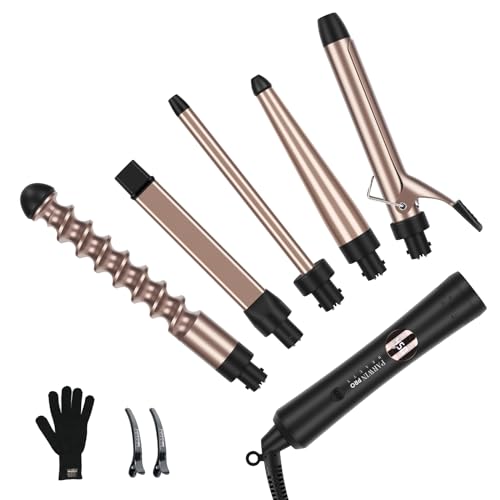 PARWIN PRO BEAUTY 5 in 1 Curling Iron Set with 1 Extra Long 9" Spiral Wand, Professional Hair Wand Curler, Up to 450F, LED Display, Gold, Includes Heat Protective Glove & 2 Clips