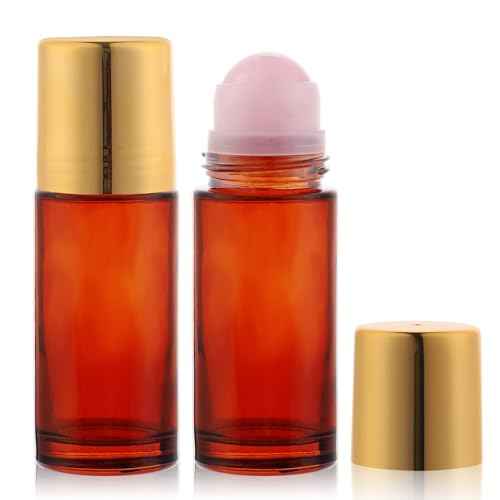 2 pack 1.7oz Large Amber Glass Roll on Bottles Rose Quartz Roller Ball Applicator for Essential Oils Perfume Refillable Empty Deodorant Containers with Pink Crystal Rollerball