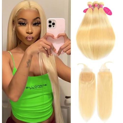 613 Blonde Human Hair Bundles with Closure 100% Brazilian Virgin Straight Bundles with 4x4 Lace Closure 613 Platinum 3 Straight Bundles Human Hair Weave with 4x4 Lace Closure (12 14 16+10)