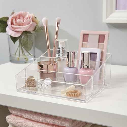 STORi Clear Plastic Small Countertop Vanity Makeup Organizer, Compact Rectangular 4-Compartment Holder for Brushes, Eyeshadow Palettes, & Beauty Supplies, Made in USA