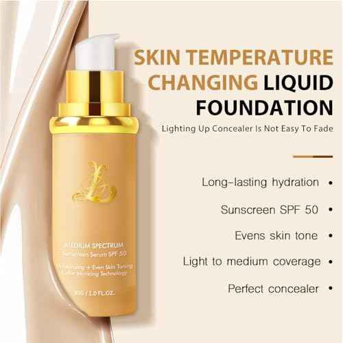 Foundation 4 in 1 - Color Changing Foundation, Medium Spectrum with SPF 50, Hypoallergenic Hydrating Liquid Concealer, Long-lasting & Waterproof Natural Finish - 1.06 fl oz