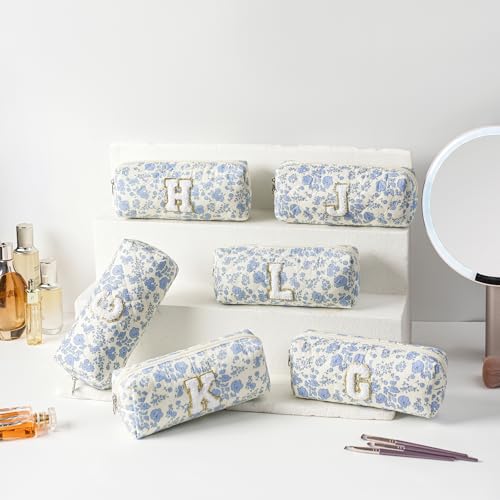 JOVAKIT Small Alphabet Makeup Bag Cosmetic Bag for Women, Christmas Gifts for Girls, Floral Flowers Coquette Travel Toiletry Bag, Zipper Make Up Pouch Organizer Bag Trendy Stuff (Blue Floral K)