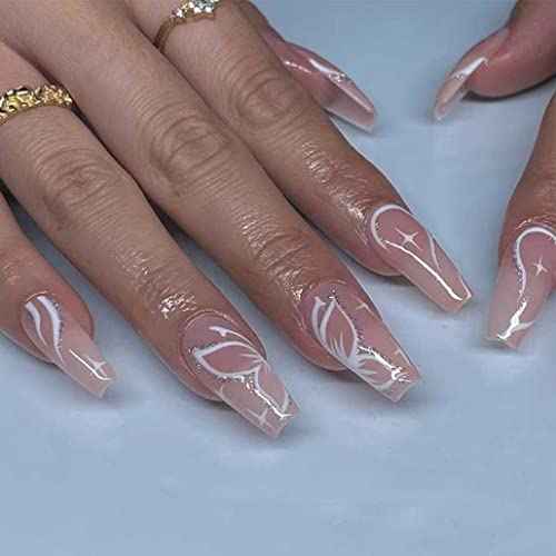 Butterfly Fake Nails, Artificail Extra Long Press on Nails, Glitter Acrylic Pink Full Cover Fake Nails with Design Nail Tips for Women&Girls, 24PCS