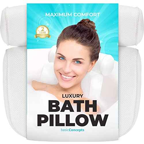 BASIC CONCEPTS Bathtub Pillow for Neck and Back Support with Drying Hook, Bathtub Pillow Machine Headrest for Soaking & Straight Back Tubs - Bath Accessories, Machine Washable, 6 Suction Cups