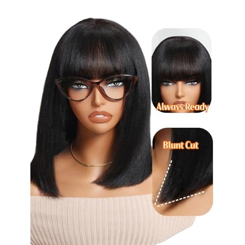 Julia Hair 10 Inch Light Yaki Straight Bob Wig with Bangs Human Hair Glueless 2x4 HD Lace Realistic Short Black Ready to Wear Blunt Cut Bob Wigs Natural for Black Women Beginner Friendly