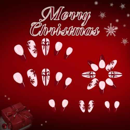 Christmas Press on Nails Medium Almond Fake Nails Glossy Xmas False Nails with Designs Red French Tip,Gift,Snowflake Glue on Nail Full Cover Reusable Winter Christmas Nail for Women Manicure 24Pcs
