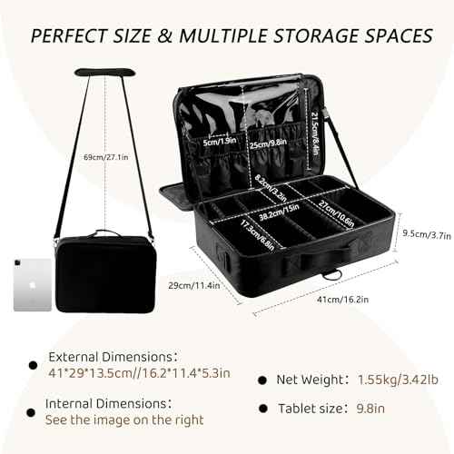 gzcz Large Capacity Travel Makeup Train Case,Professional Cosmetic Bags for Women,Portable Makeup Brush Bag Organizer Storage with Adjustable Dividers and Shoulder Strap