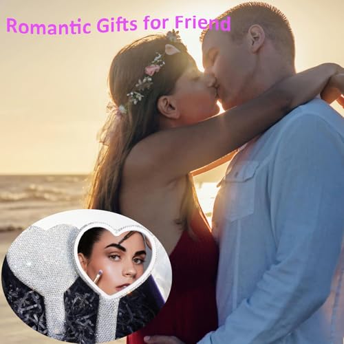 Large Rhinestone Handheld Mirror Heart Bling Glitter Cosmetic Dazzling Portable Hand Mirrors with Handle for Women Wedding Silver White