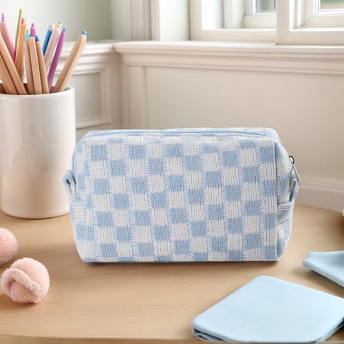 24 PACK Checkered Makeup Bag- Bulk Bridesmaid Proposal Gifts Makeup Pouch for Wedding Party Favors Bachelorette Party Decorations Toiletry Organizer Bag Cosmetic Case Gift (Blue)