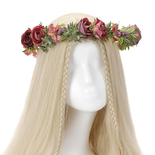 Fairy Flower Crown Headband - Red Purple Rose Floral Headpiece with Ribbon Forest Flower Headbands for Women Girls Renaissance Costume Cosplay Wedding Festival Party Headdress