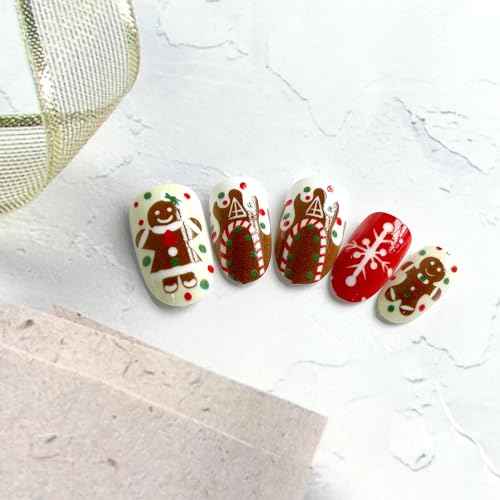 24 Pcs Christmas Press on Nails Almond Medium Fake Nails with Cute Cartoon Snowflake Design Cute Almond False Nails Christmas Glue on Nail Artificial Full Cover Stick on Nails for Women Girls