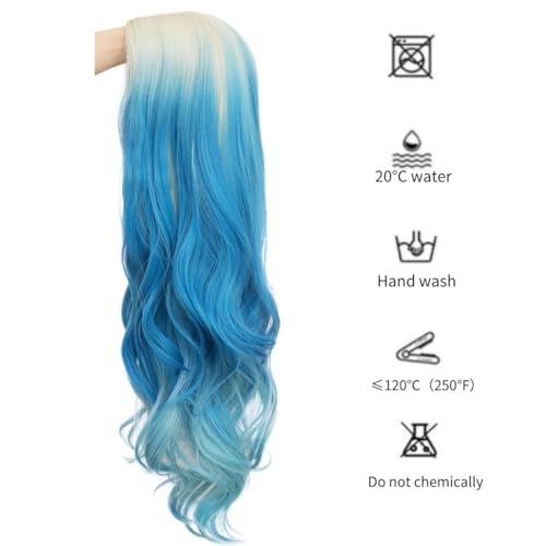 Blonde Blue Long Curly Wigs for Women 26 Inch Wavy Synthetic Middle Part Colourful Hair Wigs for Halloween Cosplay Use