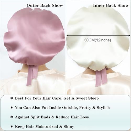 Cocheng 100% Mulberry Silk Bonnet Double-Sided Sleep Cap with Adjustable Ribbon 19 Momme Silk Bonnet for Sleeping (Bean Pink)