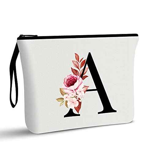 Vavabox A-Z Personalized Makeup Bag, Birthday Gifts for Women Mom, Gifts for Best Friend, Bride Bridesmaid Cosmetic bag (A, White)