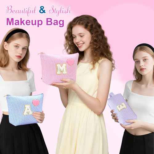 Initial Makeup Bag Personalized Preppy Cosmetic Bag Trendy Toiletry Travel Bag For Teen Girls Kids Women Letter Makeup Pouch Purse Holiday Gifts Birthday Christmas Gifts 2pack (A, Blue)