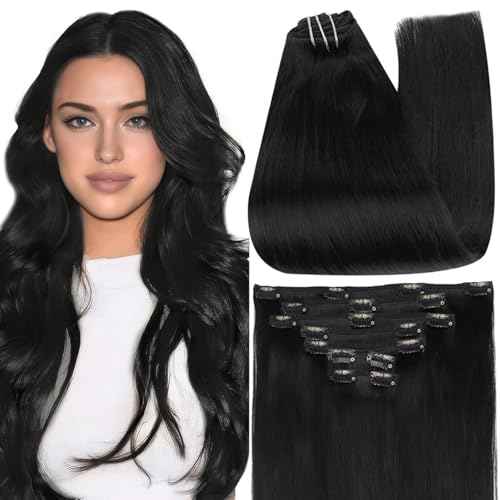 Full Shine Black Clip in Hair Extensions 24 Inch Remy Hair Extensions Clip ins Human Hair Jet Black Natural Hair Clip in Extensions for Long Hair 7 Pieces 120 G