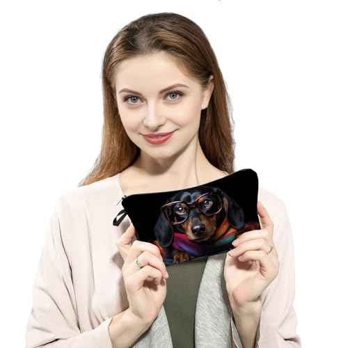 Funny Dog Puppy Present Funny Dachshund Makeup Bag Cute Small Organizer Bag with Zipper Glasses Dachshund Cosmetic Bag Birthday Presents for Dachshund Lovers Dog Mom Women Friends