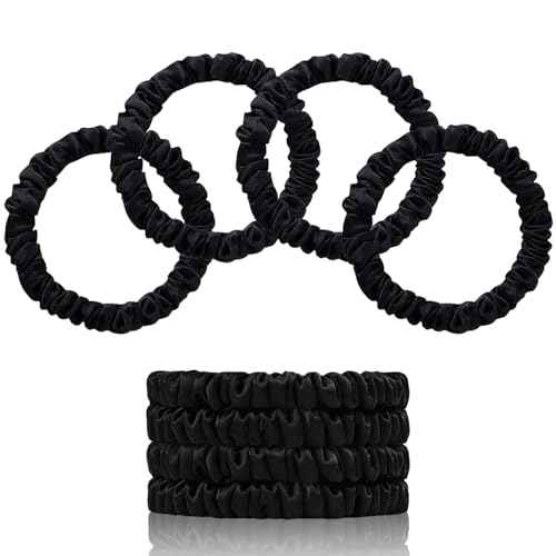 22 Momme 100% Pure Mulberry Silk Scrunchies (4 PCS) - Small Hair Elastics and Ties for Women, Sleep Hair Care, No Damage, Black