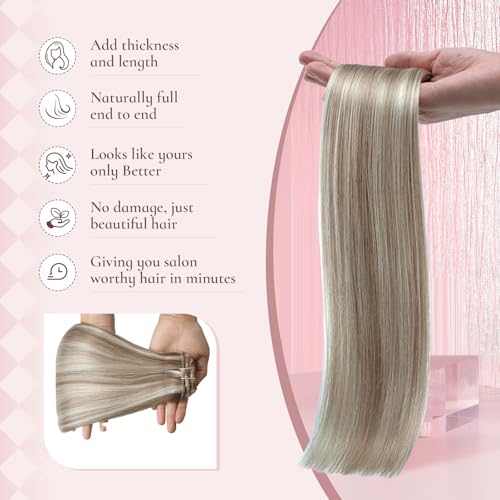 Invisible Clip in Real Human Hair Extensions,18 Inch 85 Gram Ash Brown Highlights Platinum Blonde Remy 7 Pieces With 16 Clips Thick Straight Clip Hair,No Slip No Shedding