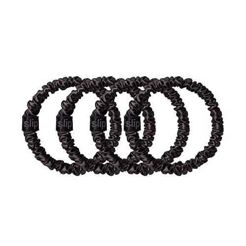 slip Silk Skinny Scrunchies - Black | Set of 4 Skinny Scrunchies | 100% Mulberry Silk, Anti-Crease, Gentle on Hair, Reduces Breakage | Stylish & Durable, Ideal for All Hair Types