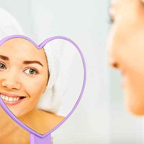 Jetec 2 Pieces Heart Shaped Handheld Cosmetic Mirrors Mini Travel Makeup Mirrors with Handle Small Heart Decorative for Women(Pink, Purple)