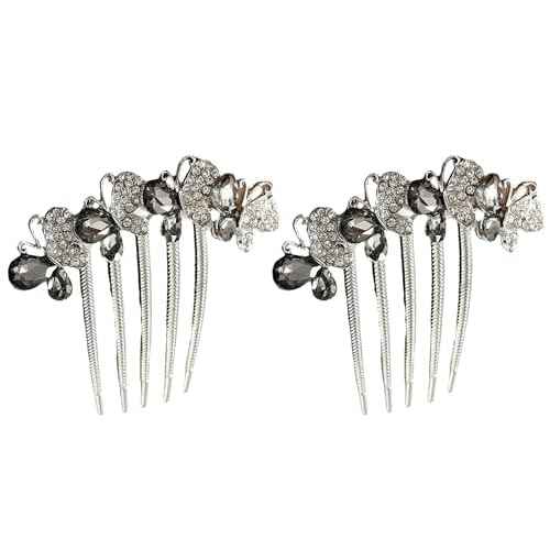 2 Pcs Rhinestones Butterfly Hair Side Combs Bride Crystal Hair Combs Clips for Women Girls Long Teeth Hair Clips Hair Accessories for Wedding Party Daily (A-Gray)