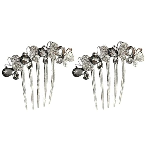 2 Pcs Rhinestones Butterfly Hair Side Combs Bride Crystal Hair Combs Clips for Women Girls Long Teeth Hair Clips Hair Accessories for Wedding Party Daily (A-Gray)