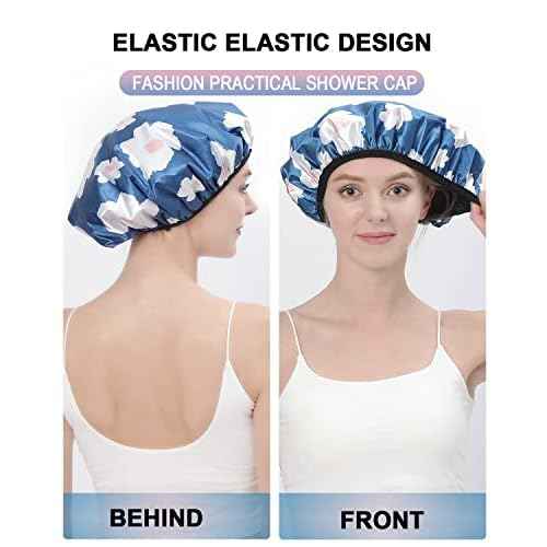 YIZIJIZI Terry Lined Shower Cap,Triple Layer Large Cap for Women,Shower Cap Reusable Waterproof,Long Thick Hair(Blue)