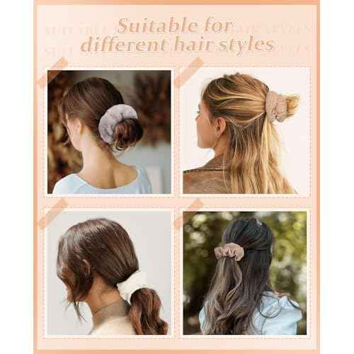 5 PCS Furry Scrunchies -Elastic Hair Scrunchies Fur Hair Ties Ponytail Holder Hair Bands Fuzzy Hair Accessories for Women and Girls(Khaki)