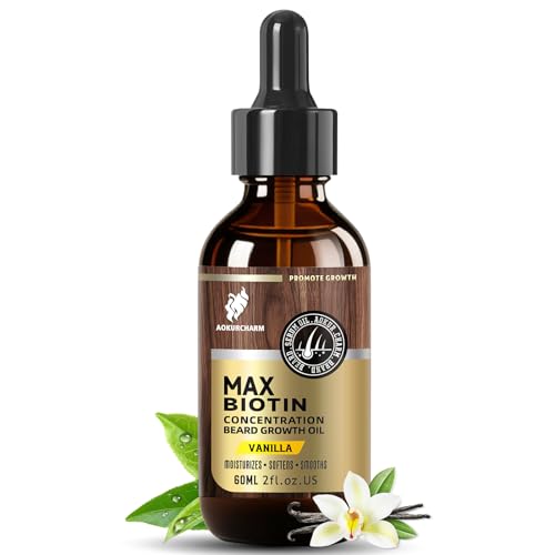 Biotin Beard Growth Oil for Men - Vitamin B5 & Castor Oil Formula, Promote Thicker Fuller Beard, Daily Care, Styling & Taming, Hydrating, Lightweight Non-Greasy, Vanilla 2oz Gift for Him