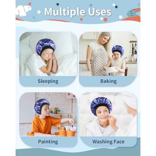 Kids Bonnet, Soft Silk Satin Bonnet for Girls Boys, Double Layer & Wide Elastic Band Kids Sleeping Cap, Adjustable Night Hat for Child Natural Hair Curly Hair (Blue Spaceship)