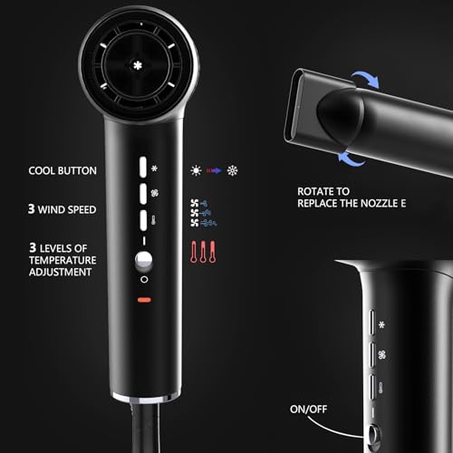 Hair Dryer, Professional Brushless Motor Ionic Hair Blow Dryer with Diffuser, Magnetic Nozzles, 0.83Pound, 2000W, 60dB, 3 Heat Settings & 3 Speed & Cold Settings, Diffuser Hair Dryer, Black