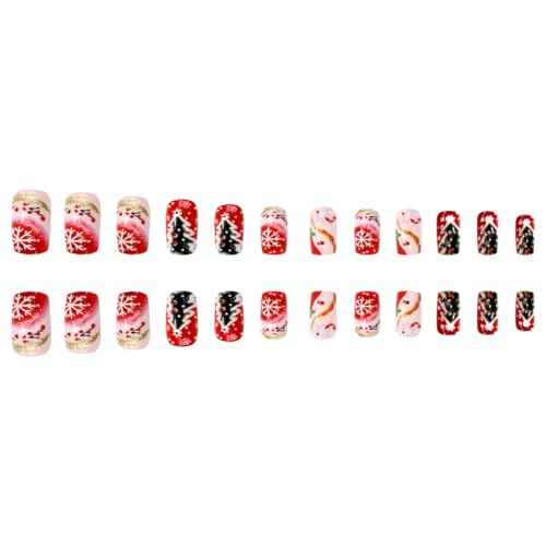 Christmas Press on Nails Medium Square Fake Nails Red Stick on Nail Winter False Nail with Design Xmas Tree Snowflake Gold Striped Nail Tips Pree ons Full Cover Xmas Nails for Women Manicure 24Pcs